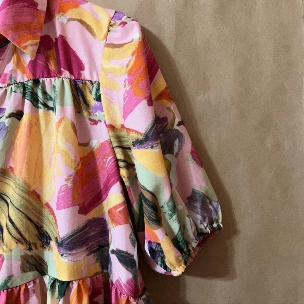 Abstract Watercolor Print Button Front Tiered Popover Mini Shirt Dress Size XS - Picture 6 of 13
